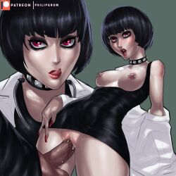 areolae black_hair bob_cut breasts_out collar dark-skinned_male dark_skin dress female female_focus frontal_standing_penetration goth goth_girl interracial long_fingernails makeup male medium_breasts nail_polish nipple_piercing nipples pale-skinned_female pale_skin partial_male penetration persona persona_5 philipgrom piercing pussy red_eyes sex short_dress short_hair tae_takemi tagme vaginal vaginal_penetration vaginal_sex veiny_breasts