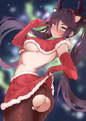 alternate_costume animal_ears antlers ass asymmetrical_bangs big_ass black_hair black_pantyhose blurry blurry_background breasts capelet christmas closed_mouth clothes_lift covered_nipples deer_ears earrings elbow_gloves fake_animal_ears fake_antlers female from_side genshin_impact gloves green_eyes hair_between_eyes highres holidays isetnation jewelry lifted_by_self long_hair looking_at_viewer looking_to_the_side medium_breasts mona_(genshin_impact) mona_ass panties panties_under_pantyhose pantyhose red_capelet red_gloves red_panties red_skirt reindeer_antlers skirt skirt_lift smile solo solo_female star_(symbol) star_earrings torn_clothes torn_pantyhose twintails underboob underwear