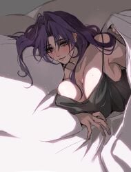 1girls breast_focus cleavage female female_only garofano_(path_to_nowhere) large_breasts mamaloni path_to_nowhere purple_hair solo solo_female solo_focus waking_up