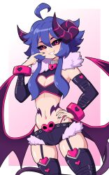 1boy 2024 ahoge armwear black_sclera blue_hair commission demon demon_boy demon_horns demon_wings femboy garter_straps girly hand_on_hip heart_cutout hi_res horns j5daigada legwear long_hair looking_at_viewer male male_only pink_eyes pointing_at_self shorts smiling smiling_at_viewer solo tail topwear wings