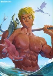 1boy abs absurdres blonde_hair blue_sky closed_mouth collarbone cormag_(fire_emblem) dragon fire_emblem fire_emblem:_the_sacred_stones flying highres holding holding_polearm holding_weapon hoonzino looking_at_viewer male male_focus male_only mini_dragon nintendo nipples ocean outdoors outstretched_hand partially_submerged polearm scar scar_on_cheek scar_on_face sitting_on_shoulder sky solo solo_focus topless_male twitter_username v-taper water weapon wet wyvern