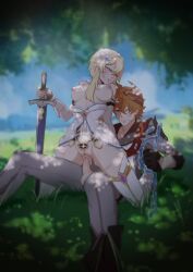 1boy1girl childe_(genshin_impact) clothed_sex cum cum_drip eneuene flower_in_hair genshin_impact grass lumine_(genshin_impact) public public_sex reverse_cowgirl_position straight sword tartaglia_(genshin_impact) thigh_high_boots under_a_tree under_tree wounds