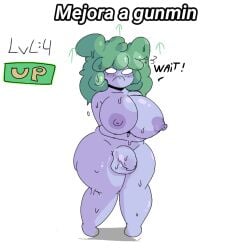 1girls 2d :3 big_breasts blue_body breasts evolution green_hair gunmin_(huesosdry) huesosdry level_up limp_penis slime slime_girl smile solo spanish_text white_hair