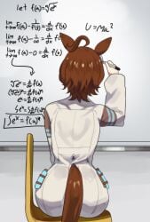 1girls agnes_tachyon_(umamusume) ahoge animal_ears ass big_ass brown_hair dated facing_away female female_only from_behind hair_ornament hinghoi holding horse_ears horse_girl lab_coat labcoat short_hair sitting skirt solo umamusume