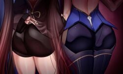 2girls absurdres ass ass_focus backless_outfit black_bodysuit black_hair black_nails black_shorts bodysuit brown_hair close-up collared_coat female_only from_behind genshin_impact highres hu_tao_(genshin_impact) karin_(a62826704) long_hair multiple_girls paid_reward_available shorts thighs twintails v yelan_(genshin_impact)