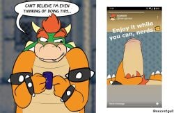 2021 anthro armband artist_name blush bowser bracelet cellphone electronics emoji english_text flaccid foreskin genitals green_shell hair holding_cellphone holding_object holding_own_penis holding_phone horn indoors jewelry koopa male male_only mario_(series) nintendo nude_photo orange_body orange_scales penis penis_shot phone phone_screen pubes red_hair red_pubes scales scalie secretgull shell solo solo_male speech_bubble spiked_armband spiked_bracelet spiked_shell spikes spikes_(anatomy) super_mario_bros. text twitter white_toe_claws