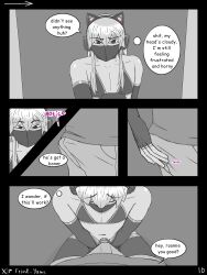 2boys boner_in_pants chastity chastity_cage comic_page english_text femboy mask sweetpotat0 text text_bubble