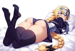 1female 1girls armor ass_focus blonde_female blonde_hair crossed_legs curvy embarassed fate/grand_order fate_(series) feet_up huge_ass jeanne_d'arc_(fate) plump plump_ass thick_thighs thighhighs