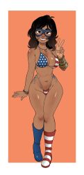 abs american_flag american_flag_bikini big_breasts bikini bikini_bottom bikini_top bleepideeboop blush boots bracelet bracelets brown_eyes brown_hair brown_skin dark-skinned_female eyemask female female_only kamala_khan long_hair looking_at_viewer marvel marvel_comics ms._marvel muslim_female necklace pakistani_female peace_sign smile smiling smiling_at_viewer solo superheroine wide_hips