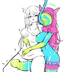 1futa 1girls animal_ears anthro areolae bar_censor big_breasts bottomless breasts censored clothed clothing deltarune duo erection female fluffy_legs fur_collar furry futa_on_female futanari huge_cock human_to_anthro long_hair mastersprouts mind_control minidress nipples partially_clothed penis post_transformation standing t-shirt transformation werewire