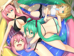 3girls above_view ass big_breasts bikini black_bikini black_swimsuit blonde_hair blue_eyes blush bored_expression butt_from_the_front eyebrows eyebrows_visible_through_hair female female_only hair hatsune_miku kagamine_rin long_hair looking_at_viewer megurine_luka open_mouth outside pink_hair popsicle shorts sideboob small_breasts striped striped_panties stripes summer swimming_pool swimsuit swimwear tako_luka thighs tubetop twintails vocaloid wet_hair