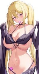 1girls areolae aroused belly_button black_gloves blonde_hair blush breasts cleavage condom condom_in_mouth female female_only gloves heart-shaped_pupils huge_breasts inviting lieselotte_sherlock light-skinned_female light_skin looking_at_viewer mitty_(q1kmitty) opened_condom_wrapper pink_condom purple_eyes seductive simple_background solo sweat symbol-shaped_pupils teasing trinity_seven twintails undressing white_background