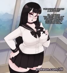 1girls black_hair black_lipstick breasts choker dialogue english_text glasses goth goth_girl hand_on_own_hip hi_res huge_breasts looking_at_viewer nose_piercing nyx_rose_(rtil) original original_character painted_nails patreon_username plump red_eyes rtil school_uniform solo talking_to_viewer thick_thighs thighhighs