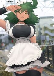 big_breasts clothing dark_skin female female_focus female_only flytrapxx green_hair large_breasts liz_(flytrapxx) long_hair looking_at_viewer maid maid_uniform original thick_thighs