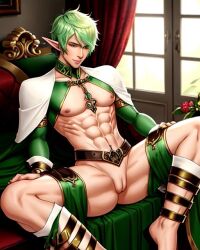1boy 1cuntboy ai_generated athletic athletic_male cuntboy elf elf_ears green_hair hairless_pussy intersex male muscular muscular_male nipples presenting presenting_pussy pussy revealing_clothes solo