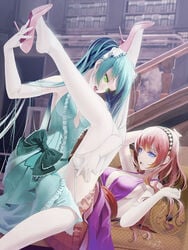 2girls before_sex blue_eyes classy clothed_female cyan_hair dress female female_domination female_only femdom fully_clothed green_eyes hatsune_miku implied_sex implied_yuri licking licking_leg medium_breasts megurine_luka multiple_girls pink_dress pink_hair preparation reluctant ribbon sideboob thighhighs twintails undressing undressing_another vocaloid white_legwear white_skin white_stockings yuri