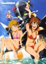 3girls amber_eyes amy_(suisei_no_gargantia) ass_cleavage bare_arms bare_back bare_legs bare_midriff bare_shoulders bare_thighs barefoot belly_button big_breasts bikini bikini_bottom bikini_scarf bikini_top black_hair blonde_hair blue_eyes blush bracelet brown_hair chamber_(suisei_no_gargantia) cleavage closed_eyes fanservice female female_only flat_chest flat_chested flying_squirrel gold_bracelet gold_jewelry golden_bracelet green_eyes hair_ribbon hair_ribbons hairclip hawaiian_shirt inner_sideboob ledo_(suisei_no_gargantia) light_skin long_hair looking_at_viewer medium_breasts melty_(suisei_no_gargantia) midriff multiple_girls navel orange_bikini orange_bikini_top pink_bikini pink_bikini_bottom pink_bikini_scarf pink_bikini_top pink_swimwear poncho purple_eyes red_bikini red_bikini_bottom red_bikini_top red_hairclip red_ribbon red_ribbons ribbon ribbon_in_hair saaya_(suisei_no_gargantia) seagal ship ship_deck ships_bridge short_hair sideass sideboob sparkling_water suisei_no_gargantia swimsuit_skirt tan_skin thick_thighs tied_hair twintails white_hair white_skin