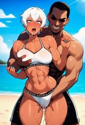 ai_generated beach bikini bleached bleached_clothing crying elena_(street_fighter) fingering fondling_breast pleasure_face questionable_consent slutty_outfit squirting street_fighter sunny touching