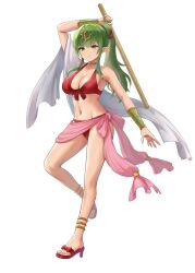 1girls alternate_costume armpits bare_arms bare_legs bare_midriff bikini breasts cleavage female female_only fire_emblem fire_emblem_awakening fire_emblem_heroes full_body green_eyes green_hair high_heels large_breasts legs long_hair midriff nintendo official_alternate_costume pointy_ears ponytail red_bikini red_footwear red_swimsuit sandals sarong sauvignon smile solo stick swimsuit tiki_(adult)_(fire_emblem) tiki_(adult)_(summer)_(fire_emblem) tiki_(fire_emblem) white_background