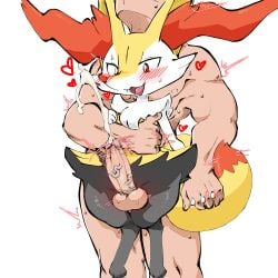 1:1 absurd_res aka_leopard anthro balls biped black_body black_fur blush braixen duo erection female fur generation_6_pokemon genitals hand_holding hi_res male nintendo penis pokemon pokemon_(species) simple_background white_background white_body white_fur yellow_body yellow_fur