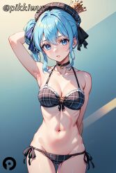 1girls ai_generated arm_behind_head arm_up armpits ass_visible_through_thighs bangs beret bikini black_choker blue_eyes blue_hair blush breasts choker cleavage collarbone cowboy_shot crown female grey_headwear hair_ribbon hat hololive hoshimachi_suisei looking_at_viewer medium_breasts navel parted_lips pikkiwynn plaid plaid_bikini plaid_headwear ribbon side-tie_bikini_bottom side_ponytail solo solo_female standing stomach swimsuit thigh_gap virtual_youtuber