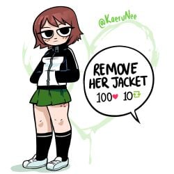 1girls black_eyes brown_hair clothed female freckles freckles_on_face freckles_on_thighs hands_in_pockets kaerunee kim_pine scott_pilgrim short_hair solo solo_female twitter_strip_game_(meme)