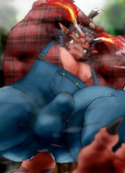 absurd_res astar blush claws clothed clothing demon dorayakich erection erection_under_clothing facial_hair fire flannel_shirt hi_res horn humanoid lifewonders live_a_hero lumberjack male muscular muscular_humanoid muscular_male overalls pecs red_body solo solo_male toe_claws