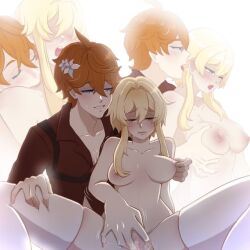 1boy1girl big_breasts blonde_hair blush childe_(genshin_impact) cute eneuene fanon_couple flower_in_hair genshin_impact ginger ginger_hair holding_breast hoyoverse kissing_neck legs_spread licking lumine_(genshin_impact) masturbation mihoyo nipple_pinch pleasure_face shirt straight tartaglia_(genshin_impact) thigh_highs thighhighs