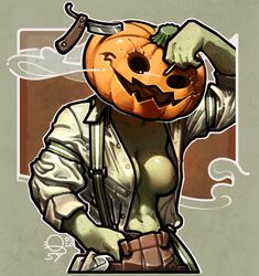 1girls exposed_breasts female female_focus female_only green_skin halloween jack-o'-lantern open_shirt plant_humanoid pumpkin qsy razor smoking solo solo_female