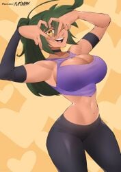 big_breasts clothing dark_skin eye_closed female female_focus female_only flytrapxx green_hair gym_clothes large_breasts liz_(flytrapxx) long_hair looking_at_viewer original sports_bra thick_thighs