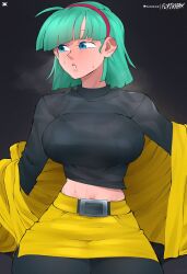 1girls big_breasts blush bra_visible_through_clothes bulma_briefs bulma_briefs_(frieza_saga) clothed clothing dragon_ball dragon_ball_z female female_focus flytrapxx green_hair large_breasts short_hair solo solo_female sweat