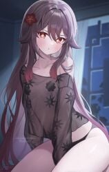 1girls :t bare_thighs bed bedroom black_panties blush breasts brown_hair female female_only g_ya_170 genshin_impact gya_(144) hu_tao_(genshin_impact) inside night on_bed panties pout red_eyes smile solo thick_thighs thighs underwear