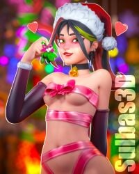 1girls bell bell_collar belly belly_button blurry_background blush blush_lines blushing blushing_at_viewer choker christmas ear_piercing earrings female female_focus female_only fortnite gift green_eyes heart helsie_(fortnite) lip_biting lipstick looking_at_viewer makeup mistletoe nude_female presenting red_lipstick ribbon santa_hat sulbas3d watermark winterfest