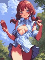 1girls belly_button blue_eyes blush breasts clothed clothing female female_only food inner_sideboob legs_together light-skinned_female light_skin long_hair looking_at_viewer lux_(thisislux) medium_breasts outside panties pantyshot partially_clothed pixel_art red_hair sky smile solo striped_panties twintails wendy's wendy_thomas wide_hips