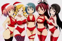 5girls ai_generated akemi_homura belly_button big_breasts big_breasts black_hair black_ribbon blue_eyes blue_hair breasts breasts christmas cute drill_hair hair_ribbon hi_res high_resolution highres long_hair long_ponytail madoka_kaname magical_girl mahou_shoujo_madoka_magica medium_breasts miki_sayaka navel nervous nervous_smile open_mouth petite petite_body petite_female pink_eyes pink_hair ponytail puella_magi_madoka_magica purple_eyes red_eyes red_hair red_ribbon ribbon ribbons sakura_kyouko santa_hat short_hair simple_background small_breasts smile smiling straight_hair thick_thighs thighhighs tomoe_mami twin_drills twintails white_background wrapped yellow_eyes yellow_hair