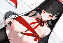 absurdres ateoyh bar_censor black_hair black_pantyhose blue_archive blush breasts bright_pupils censored choker christmas dutch_angle female from_above halo hat heart highres holidays large_breasts long_hair looking_at_viewer looking_up millennium_science_school_student naked_ribbon navel nipples nude pantyhose parted_lips red_eyes red_ribbon ribbon ribbon_choker rio_(blue_archive) santa_hat seminar_(blue_archive) seminar_president solo thighs unworn_hat unworn_headwear white_pupils