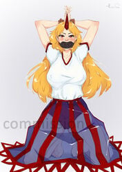 2021 artist_signature blonde_hair bondage commission feet female gag gagged horn hoshiguma_yuugi kirass nipple_bulge pointy_ears see-through toes touhou watermark