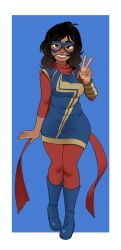 big_breasts bleepideeboop blush boots brown_eyes brown_hair brown_skin dark-skinned_female eyemask kamala_khan kamalaxgwen long_hair looking_at_viewer marvel marvel_comics ms._marvel muslim_female pakistani_female peace_sign red_scarf scarf smile smiling smiling_at_viewer superheroine wide_hips