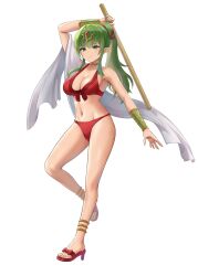 1girls alternate_costume armpits bare_arms bare_legs bare_midriff bikini breasts cleavage female female_only fire_emblem fire_emblem_awakening fire_emblem_heroes full_body green_eyes green_hair high_heels large_breasts legs long_hair midriff nintendo official_alternate_costume pointy_ears ponytail red_bikini red_footwear red_swimsuit sandals sauvignon smile solo stick swimsuit tiki_(adult)_(fire_emblem) tiki_(adult)_(summer)_(fire_emblem) tiki_(fire_emblem) white_background