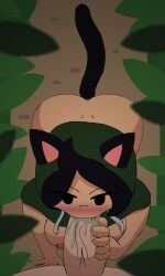 ass black_hair blowjob blush bottomless cat_ears cat_tail dark_skin dark_skinned_female dirt forest forest_background leaves margaret_summers nipples original_character saliva shadowjanetnsfw short_hair sucking_penis