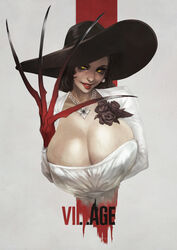 1girls alcina_dimitrescu big_breasts black_hair bra breasts breasts_bigger_than_head busty capcom cleavage dress earrings female female_only huge_breasts jewelry large_breasts lingerie lipstick long_dress mature mature_woman milf monorirogue monster_girl necklace open_mouth pale-skinned_female pale_skin red_lipstick resident_evil resident_evil_8:_village short_hair taller_girl taller_woman thick_thighs underwear vampire veiny_breasts wavy_hair yellow_eyes