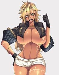 1girls angry angry_face bare_midriff big_breasts blonde_hair breasts buff camui_kamui_(hz_666v) cleavage curvy cute female female_only glistening glistening_body glistening_skin gloves gyaru huge_breasts jacket large_breasts long_hair muscular muscular_female original seductive short_shorts tan-skinned_female tan_skin thick thick_thighs thin thin_waist vecky_(camui_kamui) white_shorts