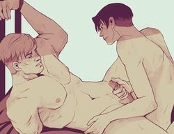 2boys amputated amputated_arm amputee attack_on_titan bare_arms bare_chest bare_midriff bare_shoulders bare_thighs bed big_sub_small_top black_hair blonde_hair closed_eyes erwin_smith gay hand_on_hip hand_on_penis handjob levi levi_ackerman lying lying_down lying_on_back male male/male male_only multiple_boys multiple_males nude nude_male penis penis_grab penis_out shingeki_no_kyojin size_difference tied_hands tied_to_bed tngs yaoi