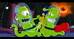 1_eye 20th_century_studios accurate_art_style alien blue_hair bodily_fluids breast_grab breasts drooling fangs female genital_fluids genitals green_body green_skin group hair hand_on_breast human human_focus kang_(simpsons) kodos mammal marge_simpson nickwood nipples pussy pussy_juice saliva the_simpsons vaginal_penetration yellow_body yellow_skin