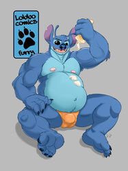 2021 4_fingers 4_toes absurd_res alien antennae_(anatomy) anthro anthrofied arm_tuft balls_outline biceps biped black_eyes blue_body blue_fur blue_nose bottle bulge clothing digital_drawing_(artwork) digital_media_(artwork) dipstick_antennae disney drangator elbow_tufts experiment_(lilo_and_stitch) feet fingers fur genital_outline grey_background head_tuft hi_res himbo_stitch holding_bottle holding_object humanoid_feet lilo_and_stitch looking_at_viewer male male_only multicolored_antennae musclegut muscular muscular_anthro muscular_male navel nipples notched_ear open_mouth open_smile penis_outline pink_nipples signature simple_background sitting smile solo speedo stitch sunscreen swimwear toes tuft