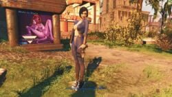 1girls 3d 3d_(artwork) advertisement bethesda_softworks black_hair black_lipstick bodysuit converse_shoes fallout fallout_4 glowing_eyes mod outdoors short_hair standing_position vault_girl vault_suit