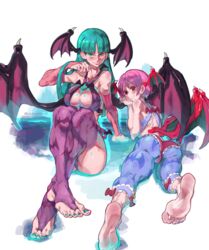 2demons 2girls ass bare_shoulders barefoot blush breasts cashumeru clothing darkstalkers demon_girl feet female female_only green_eyes green_hair head_wings humanoid_feet knees_on_chest lilith_aensland looking_back lying lying_on_stomach medium_breasts morrigan_aensland nail_polish pink_hair red_eyes short_hair sisters sitting smile soles stockings succubi succubus thighhighs toeless_legwear toenail_polish toes