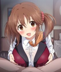 1boy :d blush breasts brown_eyes brown_hair clothed_female_nude_male eyebrows_visible_through_hair female hair_between_eyes hair_ornament hair_scrunchie highres idolmaster idolmaster_cinderella_girls indoors large_breasts looking_at_viewer necktie nude open_mouth orange_neckwear paizuri paizuri_under_clothes red_scrunchie revision royale_style_(idolmaster) scrunchie shirt sincos smile solo_focus straight totoki_airi twintails upper_body white_shirt