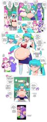 3girls big_belly big_breasts blue_hair blush bra breast_envy breasts cleavage clothed comic curse erect_nipples fang goddess green_eyes hair_down hair_ornament hands_on_belly lami_korii lewdlemage long_hair multiple_pregnancies navel outie_navel pink_hair pregnant purple_hair red_eyes ribbon short_hair sleeping text text_bubble text_focus thick_thighs tied_hair tight_clothing topless twintails