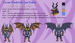 3/4_view anthro balls big_balls big_penis canid canine canis demon english_text facing_viewer genitals horn huge_balls huge_cock hyper hyper_balls hyper_genitalia hyper_penis lycan_frederick_von_fenrir male mammal model_sheet muscular muscular_anthro muscular_male penis rear_view solo text whiteguardian wings wolf